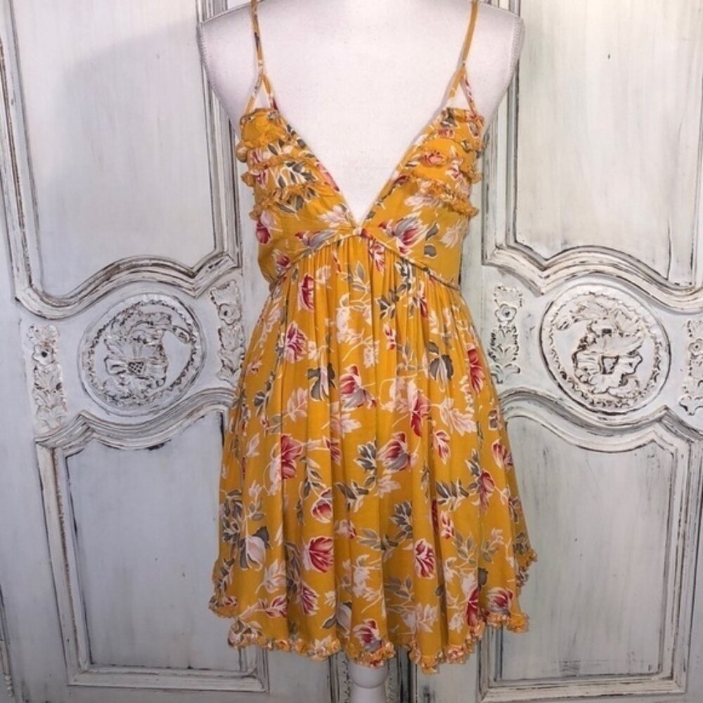 Angel Biba Mustard Color Floral Spaghetti Strap Festival Babydoll Dress Size S